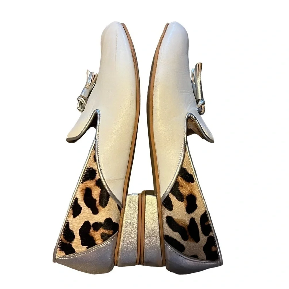 Telma White Leather Loafers Animal Print Silver Heel